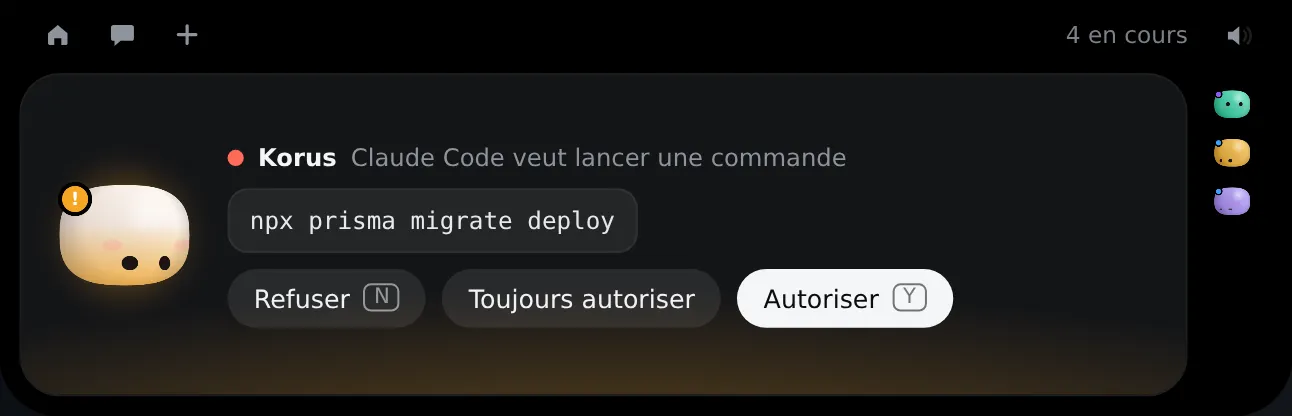 Une demande d'autorisation de Claude Code dans l'encoche, avec les boutons Refuser, Toujours autoriser et Autoriser.